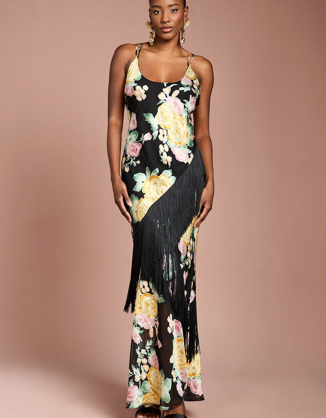 Strappy Satin Jacquard Fringe Detail Maxi Dress, 2 of 1