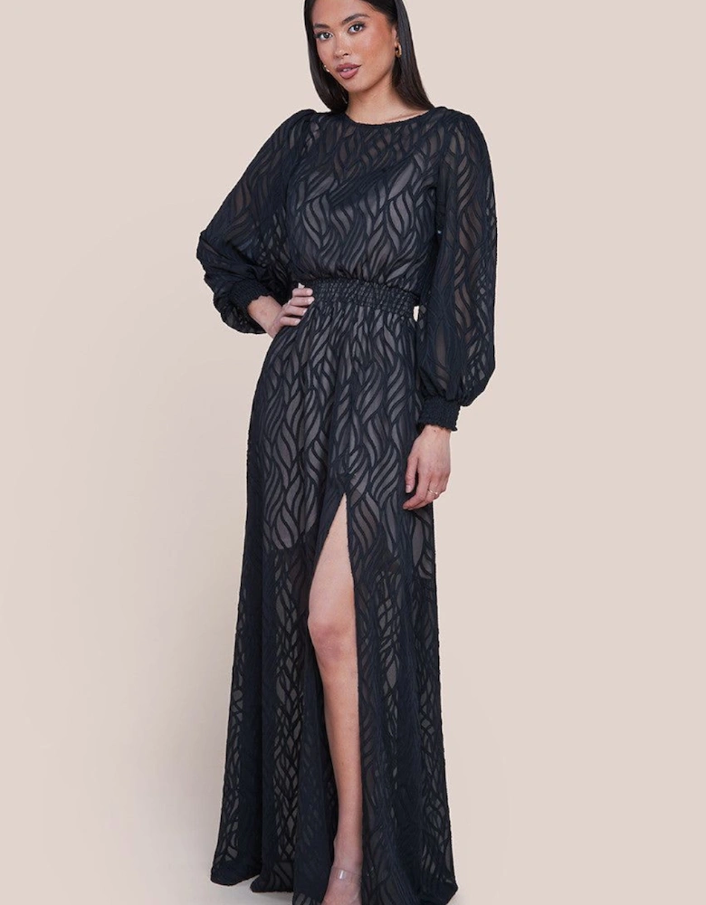 Chiffon Geo Wave Front Split Maxi Dress
