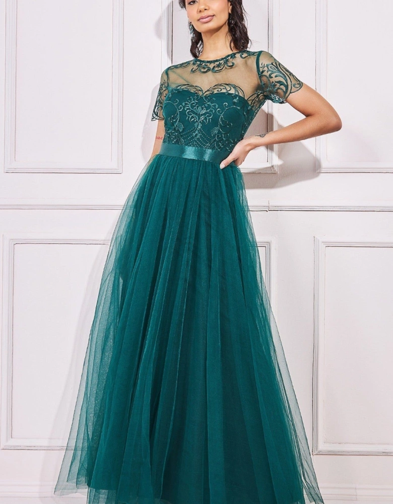 Embroidered Mesh Maxi Dress