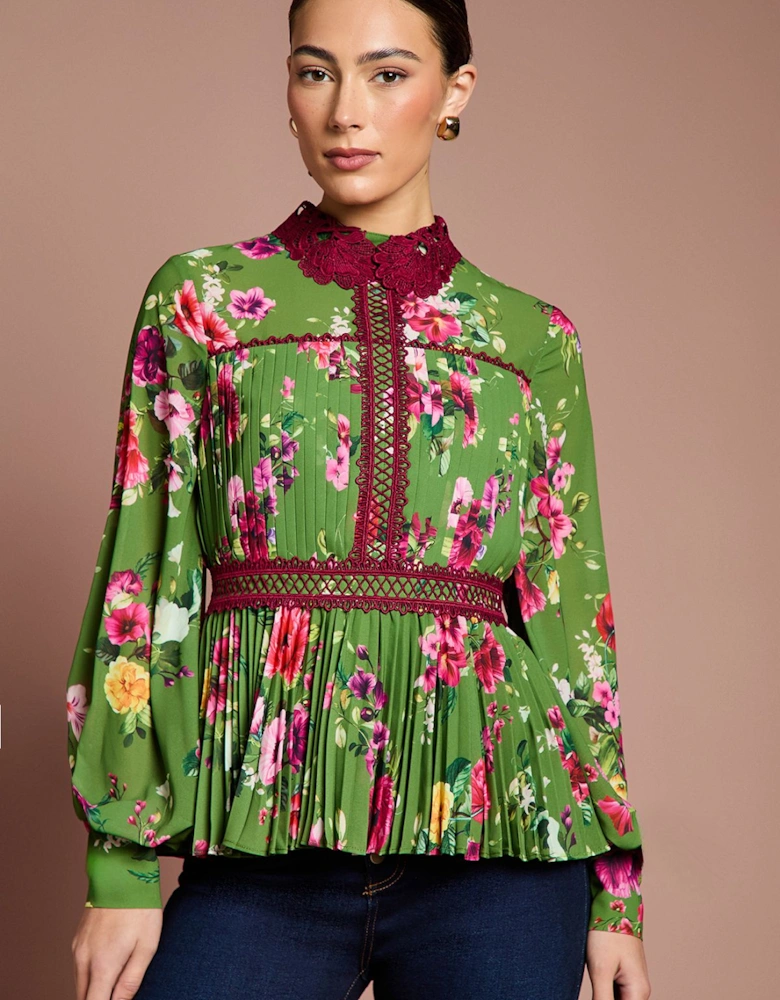 Lisa Tan Long Sleeve Pleated Printed Blouse