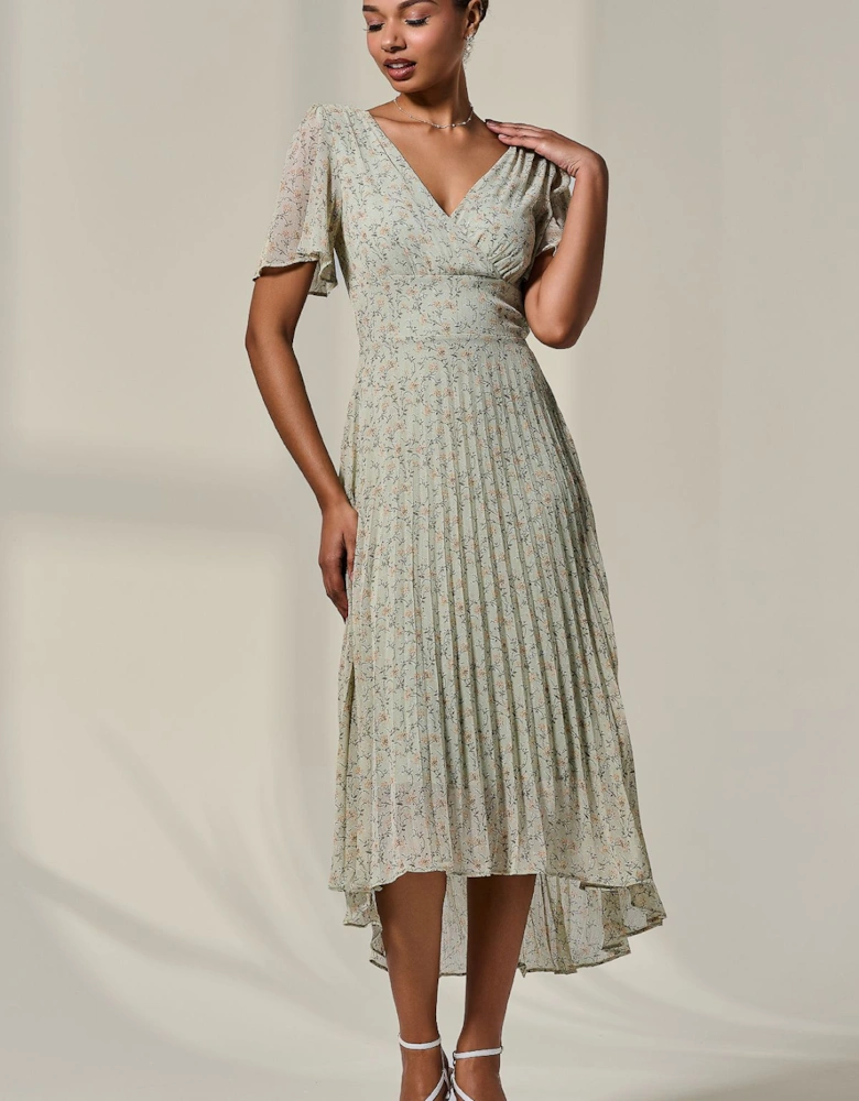 Floral Pleated Dip Hem Maxi Dress