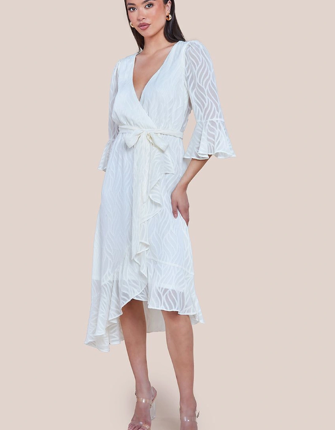 Chiffon Geo Wave Front Frill Wrap Midi Dress, 2 of 1