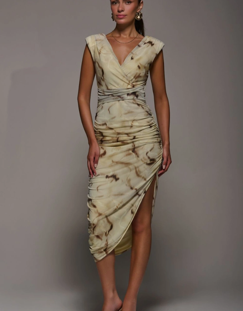 Abstract Ruched Asymmetric Bodycon Dress