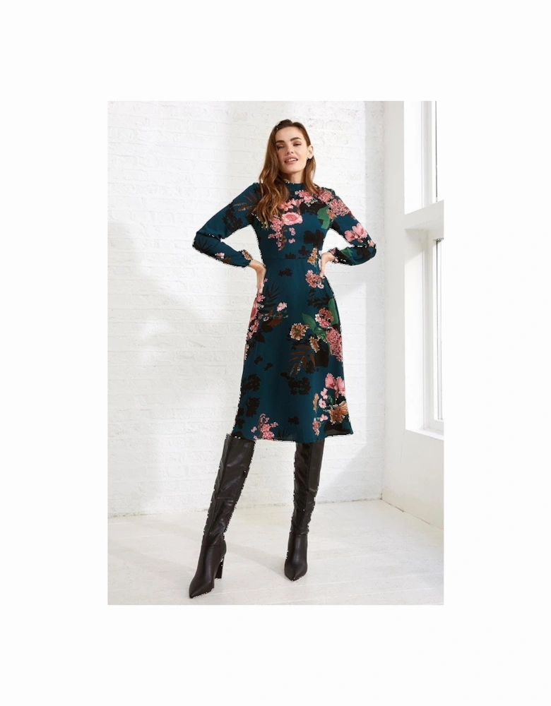 Floral Long Sleeve High Neck Midi Dress