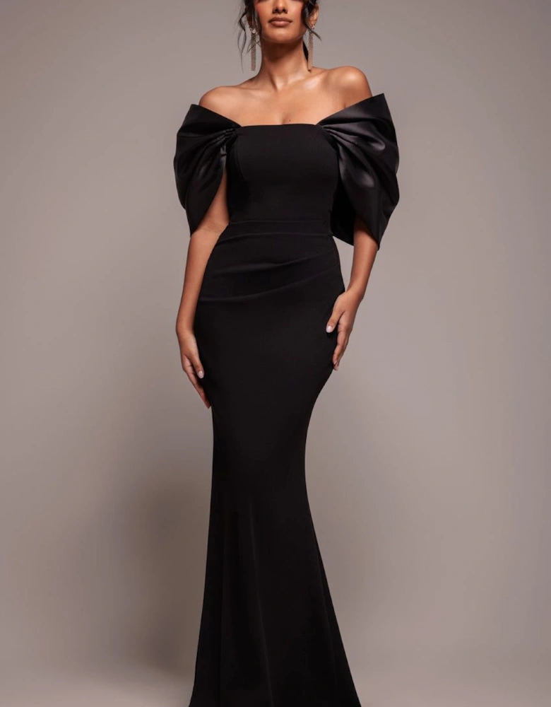 Off Shoulder Back Satin Bow Scuba Maxi Dress