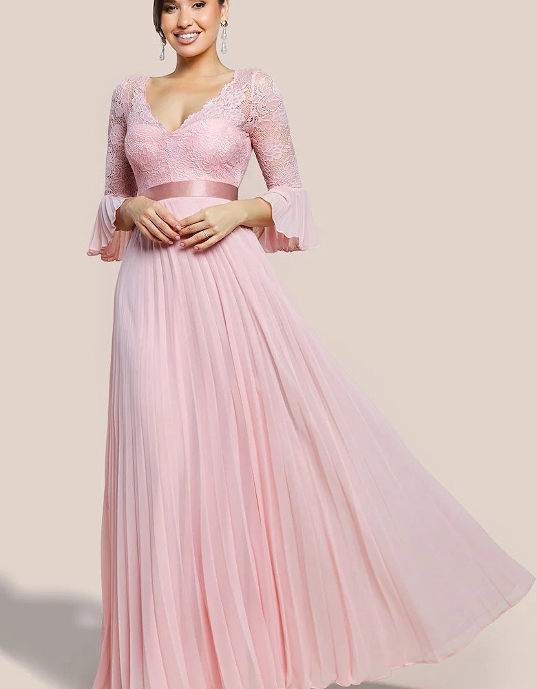 Scalloped Lace Bodice Pleated Chiffon A Line Maxi Dress, 2 of 1