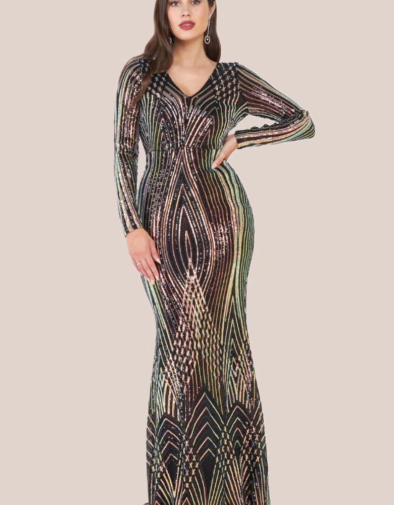 Two Toned V Neck Sequin Maxi