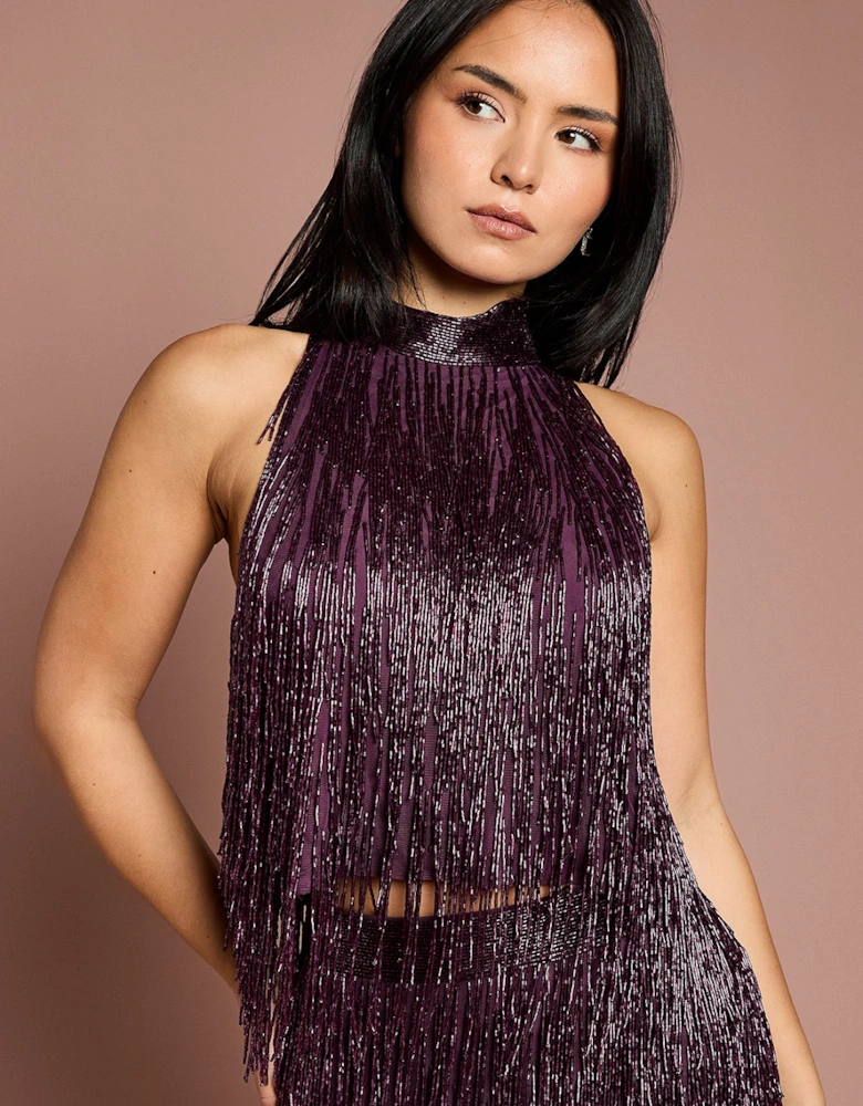 Petite High Neck Embellished Fringe Top
