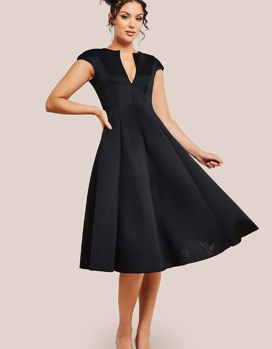 Cap Sleeve Plunging V Neckline A-line Midi Dress, 2 of 1