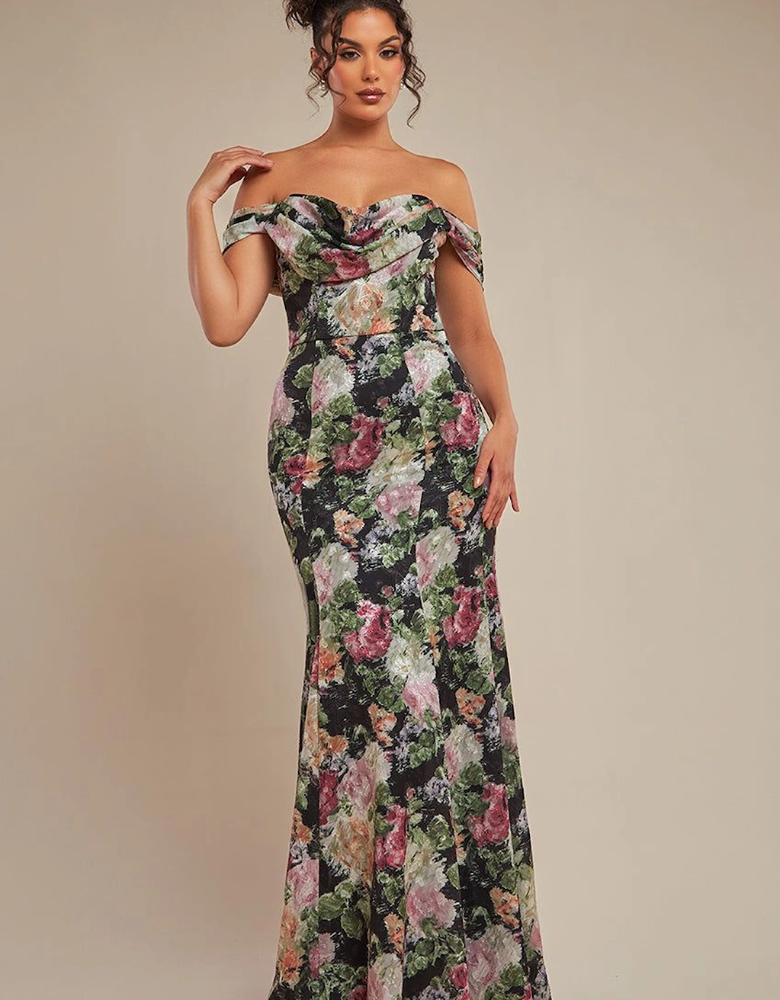 Cowl Neck Floral Print Jacquard Chiffon Maxi Dress, 2 of 1