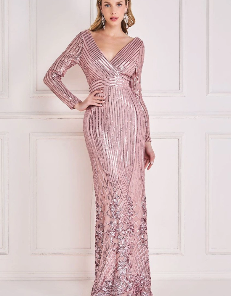 Long Sleeve Sequin V Wrap Maxi Dress