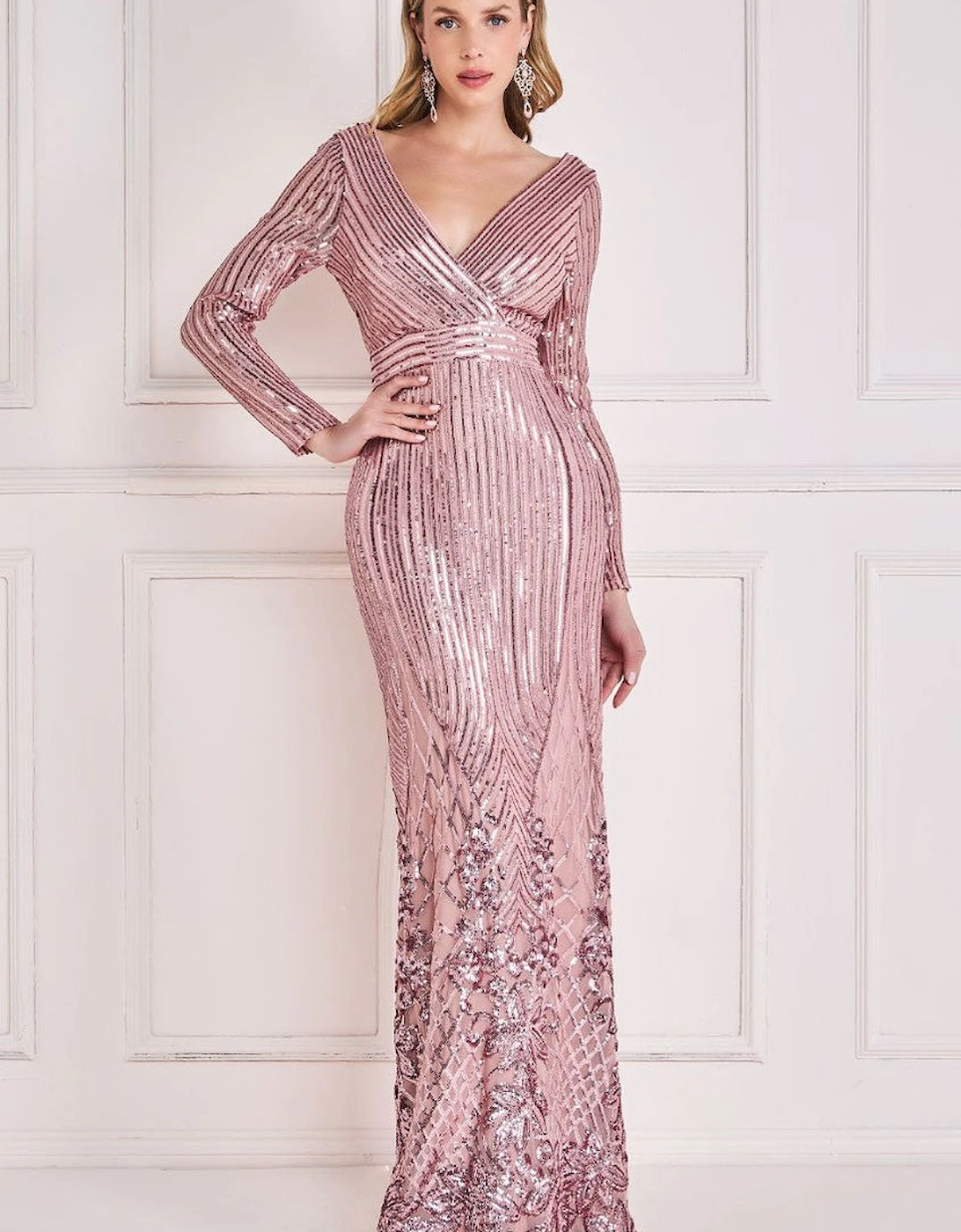 Long Sleeve Sequin V Wrap Maxi Dress, 2 of 1