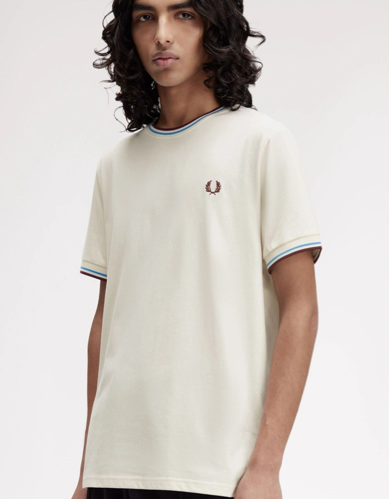 M1588V Twin Tipped T-Shirt - Ecru/Court Blue/Oxblood