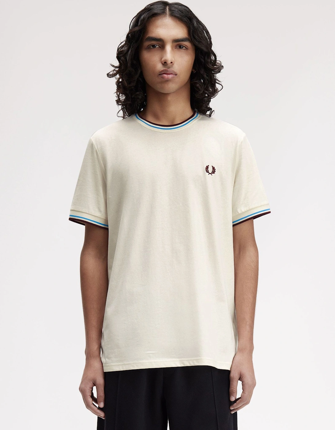 M1588V Twin Tipped T-Shirt - Ecru/Court Blue/Oxblood