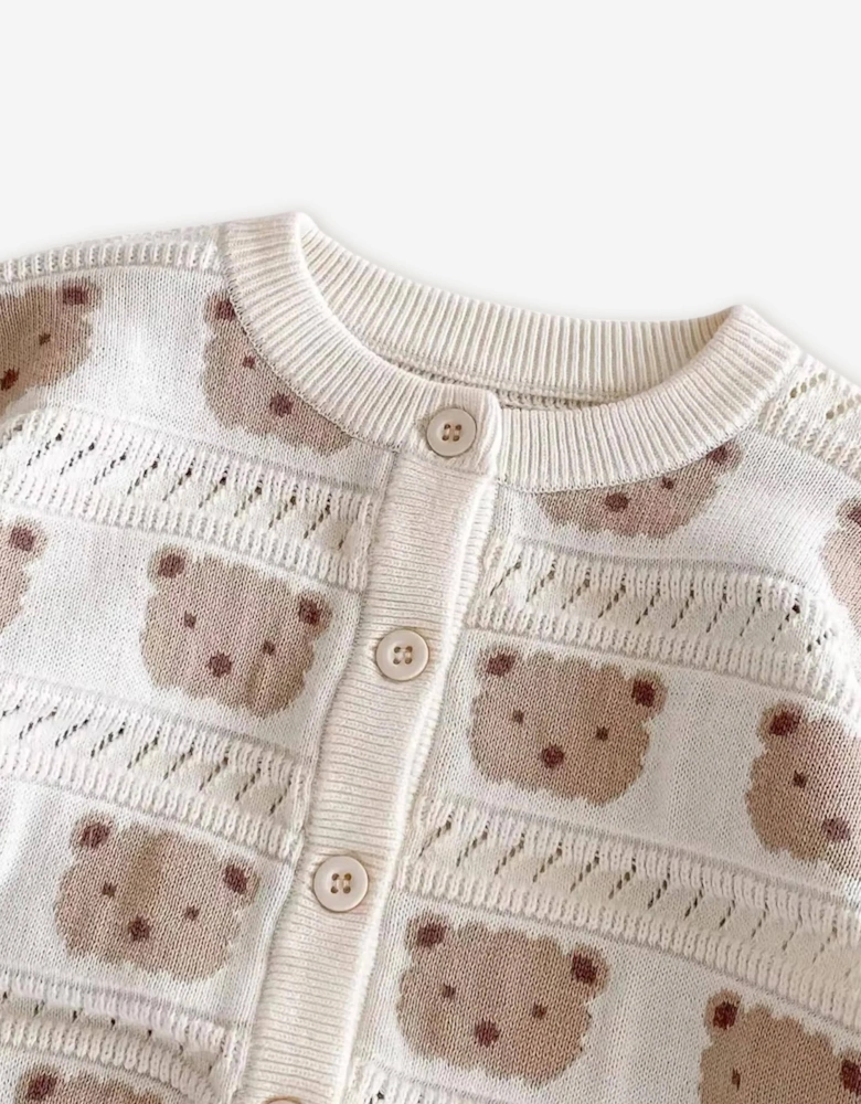 Baby Cozy Tonal Bear Cardigan in Ivory