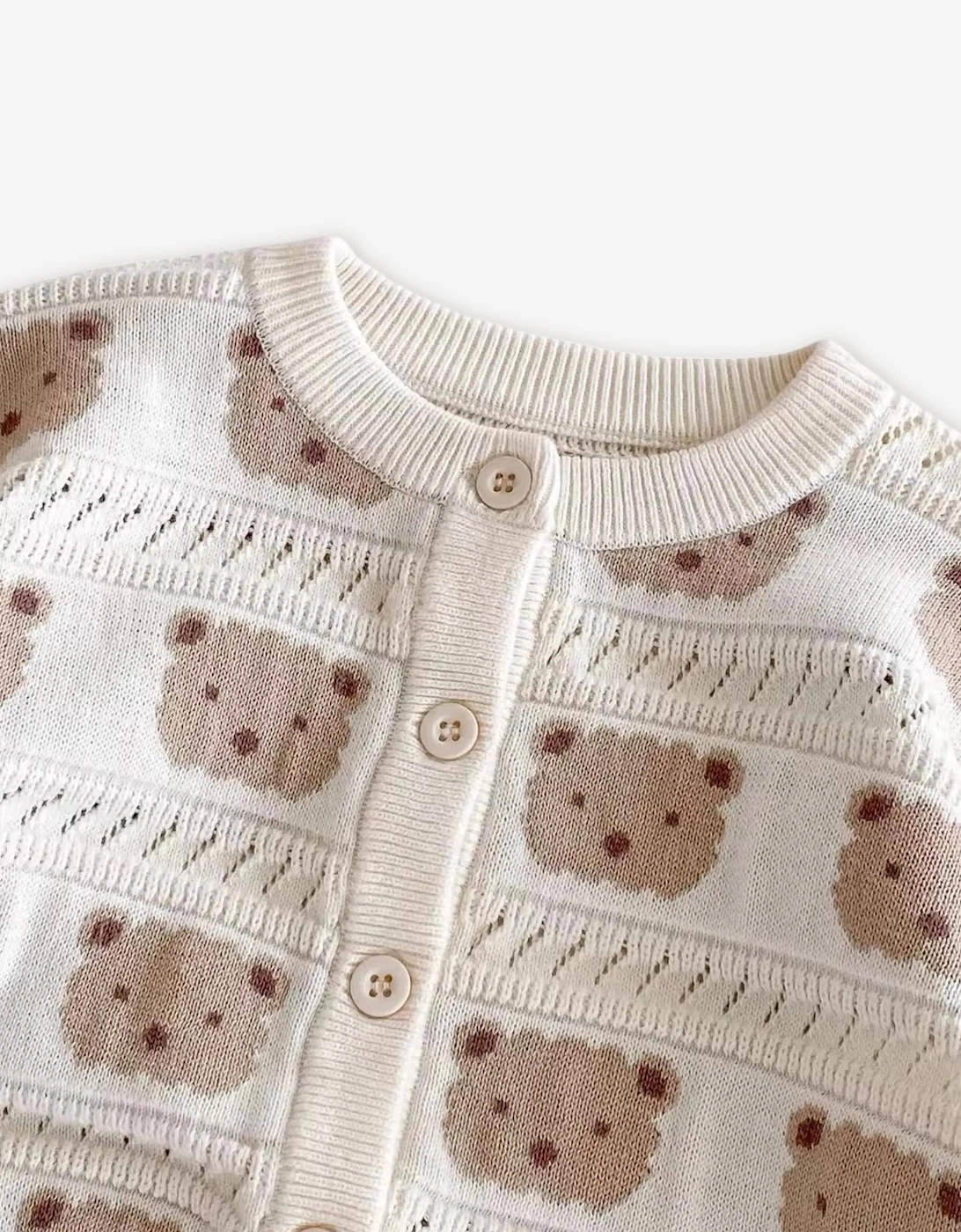 Baby Cozy Tonal Bear Cardigan in Ivory