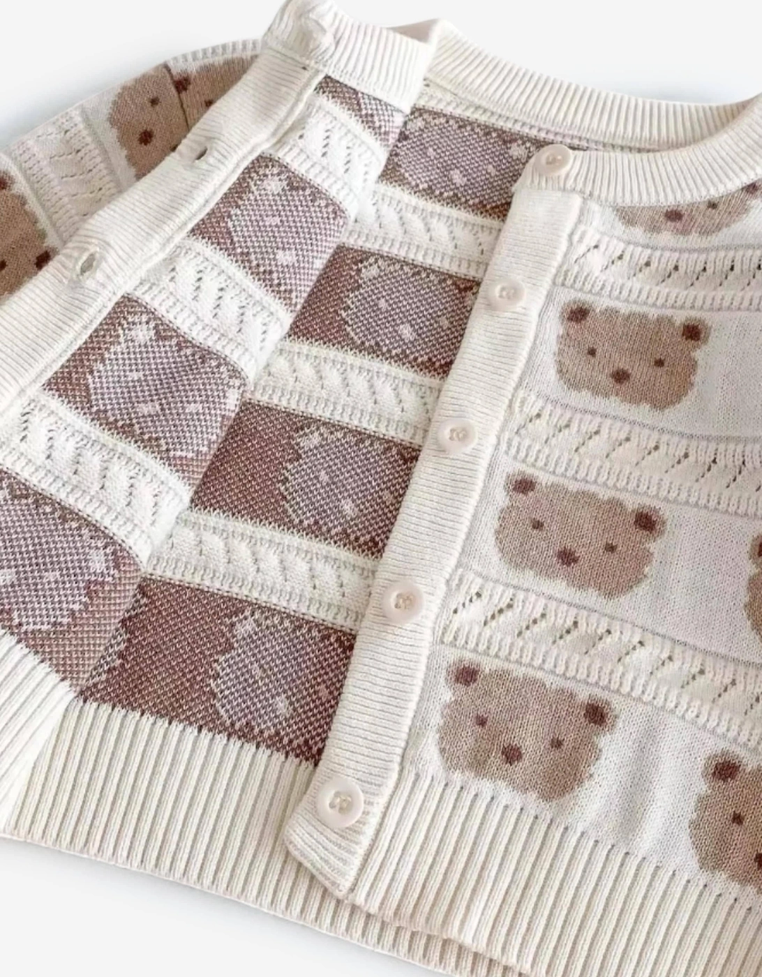 Baby Cozy Tonal Bear Cardigan in Ivory
