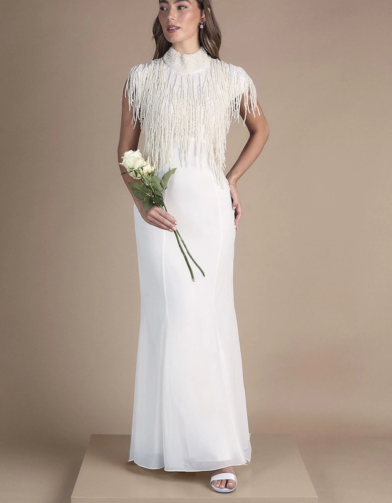 Pearl Fringed High Neck Embellished Wedding Dress