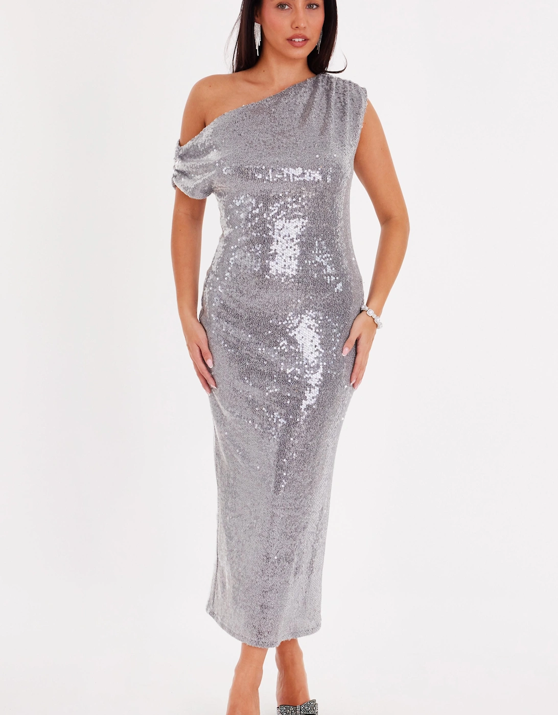 Silver Sequin Drop Sleeve Midaxi Dress, 2 of 1