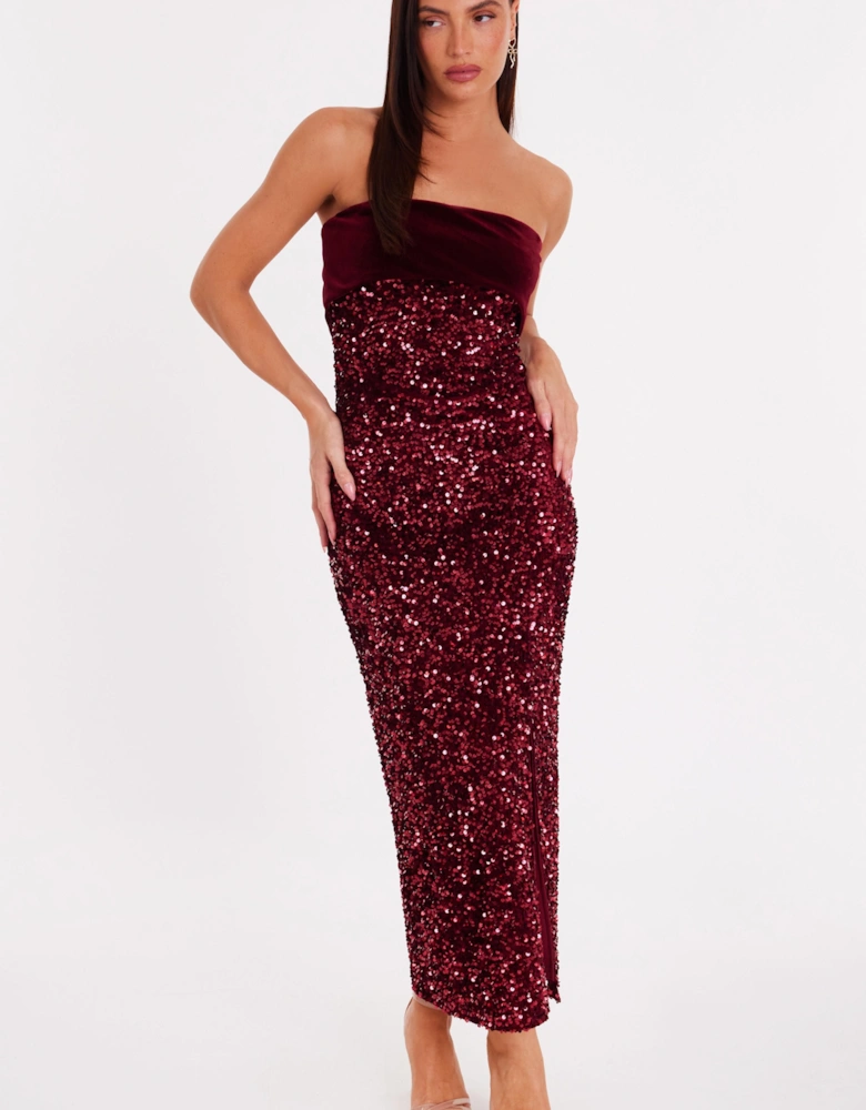 Burgundy Strapless Sequin Midaxi Dress