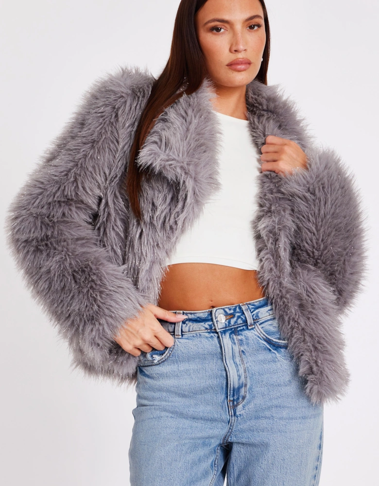 Grey Faux Fur Glitter Cropped Jacket