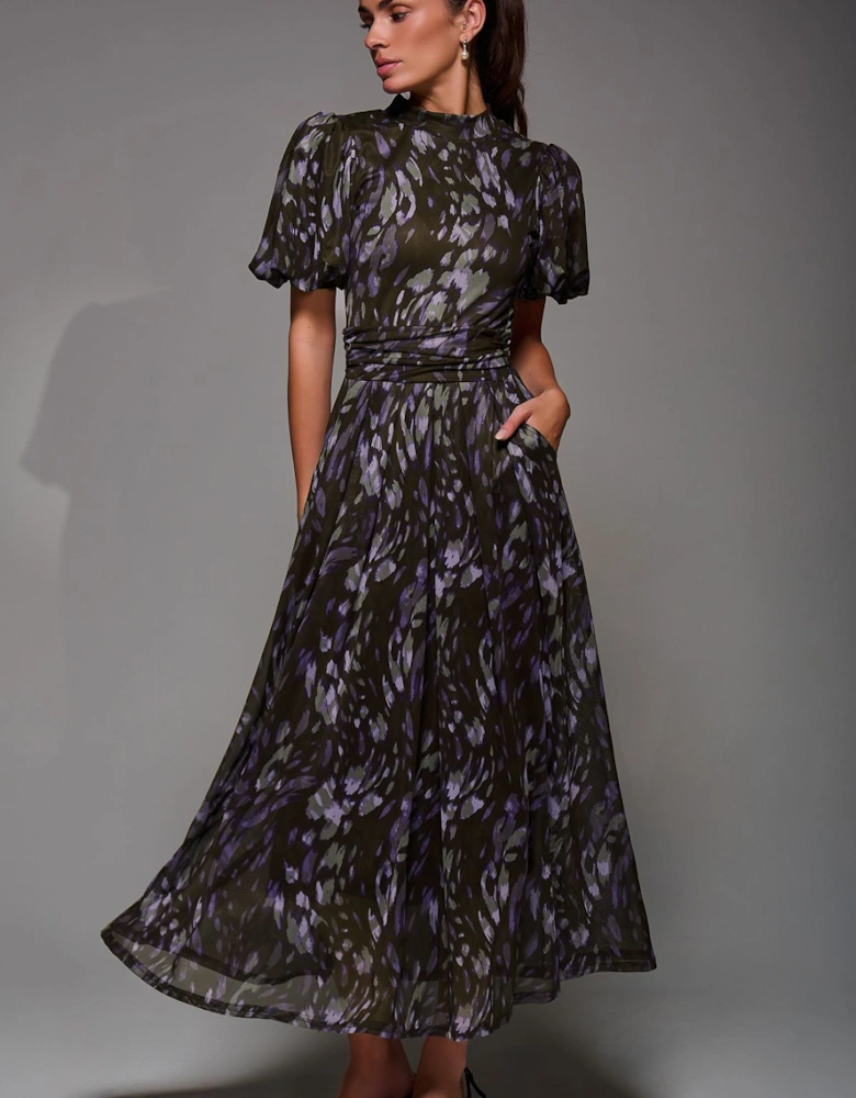 Puffy Sleeve Printed Mesh Maxi Dress