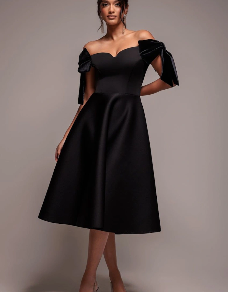 Scuba Off The Shoulder Velvet Bow Skater Midi Dress