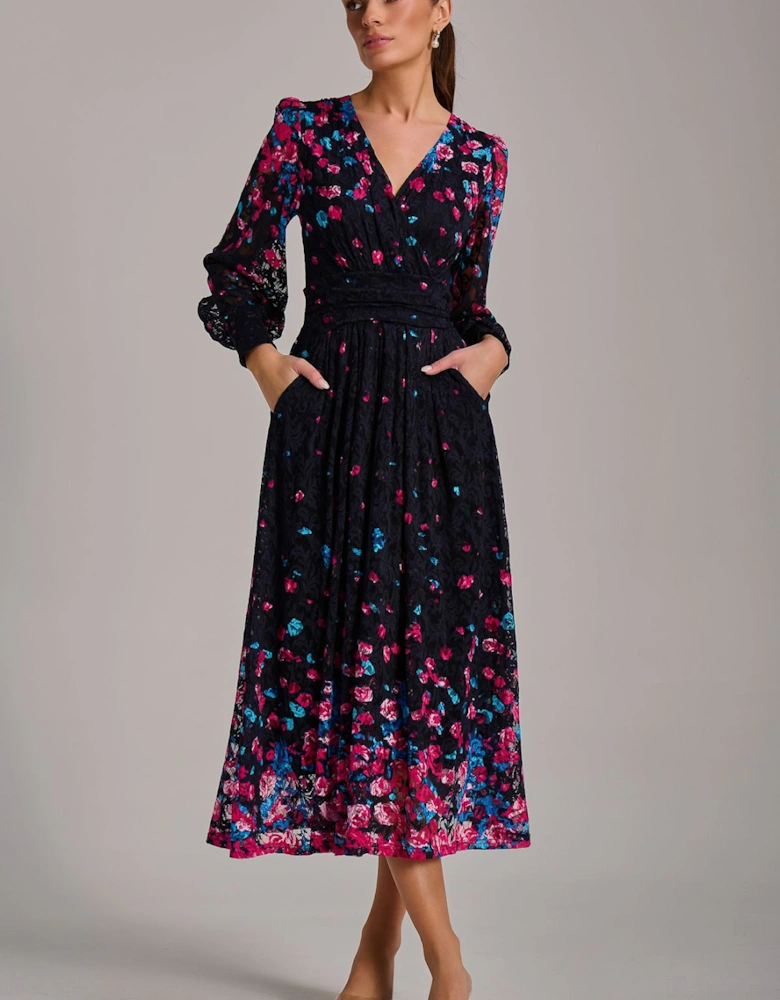 Long Sleeve Print Lace Maxi Dress