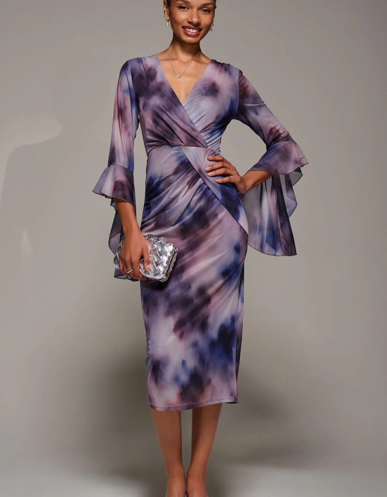 Ruffle Sleeve Ruched Mesh Bodycon Dress