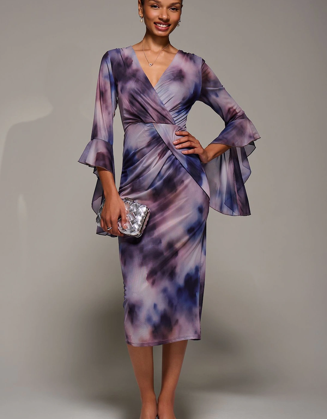 Ruffle Sleeve Ruched Mesh Bodycon Dress, 2 of 1