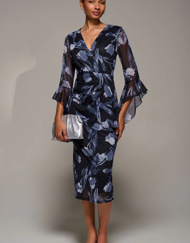 Ruffle Sleeve Ruched Mesh Bodycon Dress