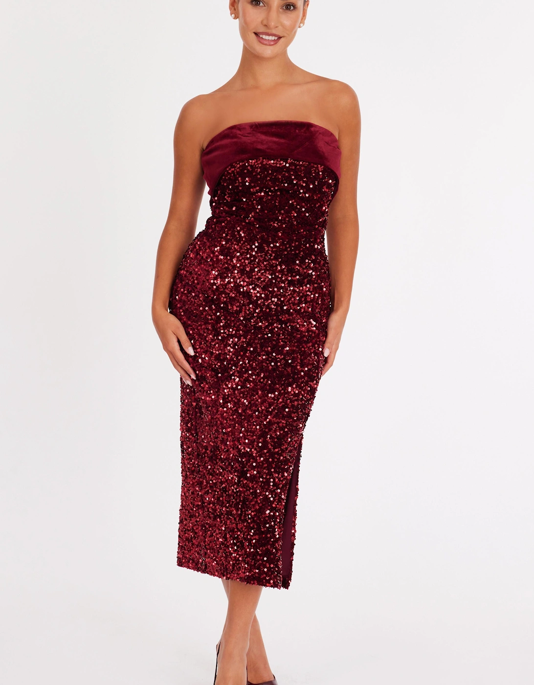 Burgundy Petite Strapless Sequin Midaxi Dress, 2 of 1