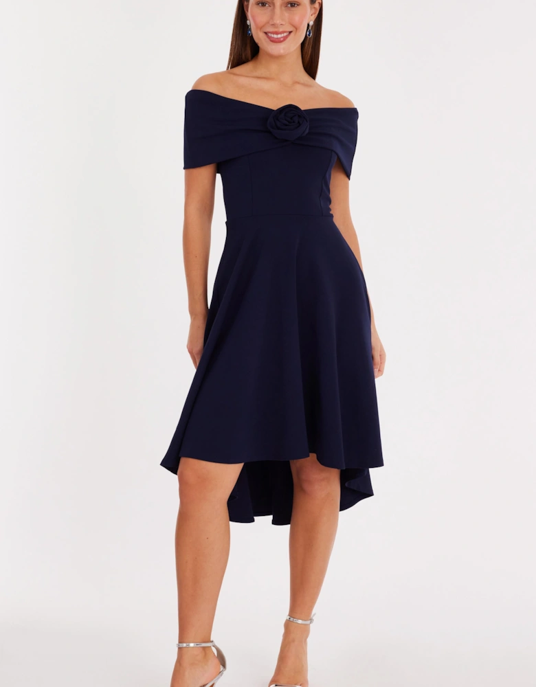 Navy Corsage Dip Hem Midi Dress