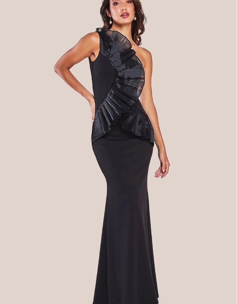 One Shoulder Pleated Fan Maxi Dress
