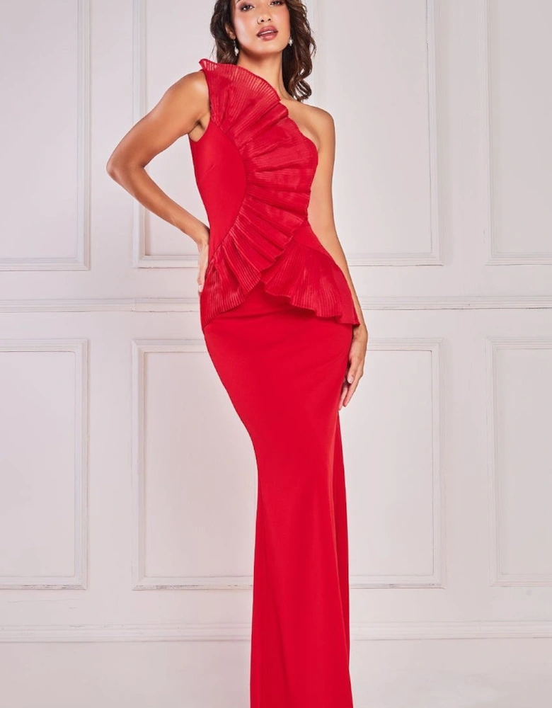 One Shoulder Pleated Fan Maxi Dress