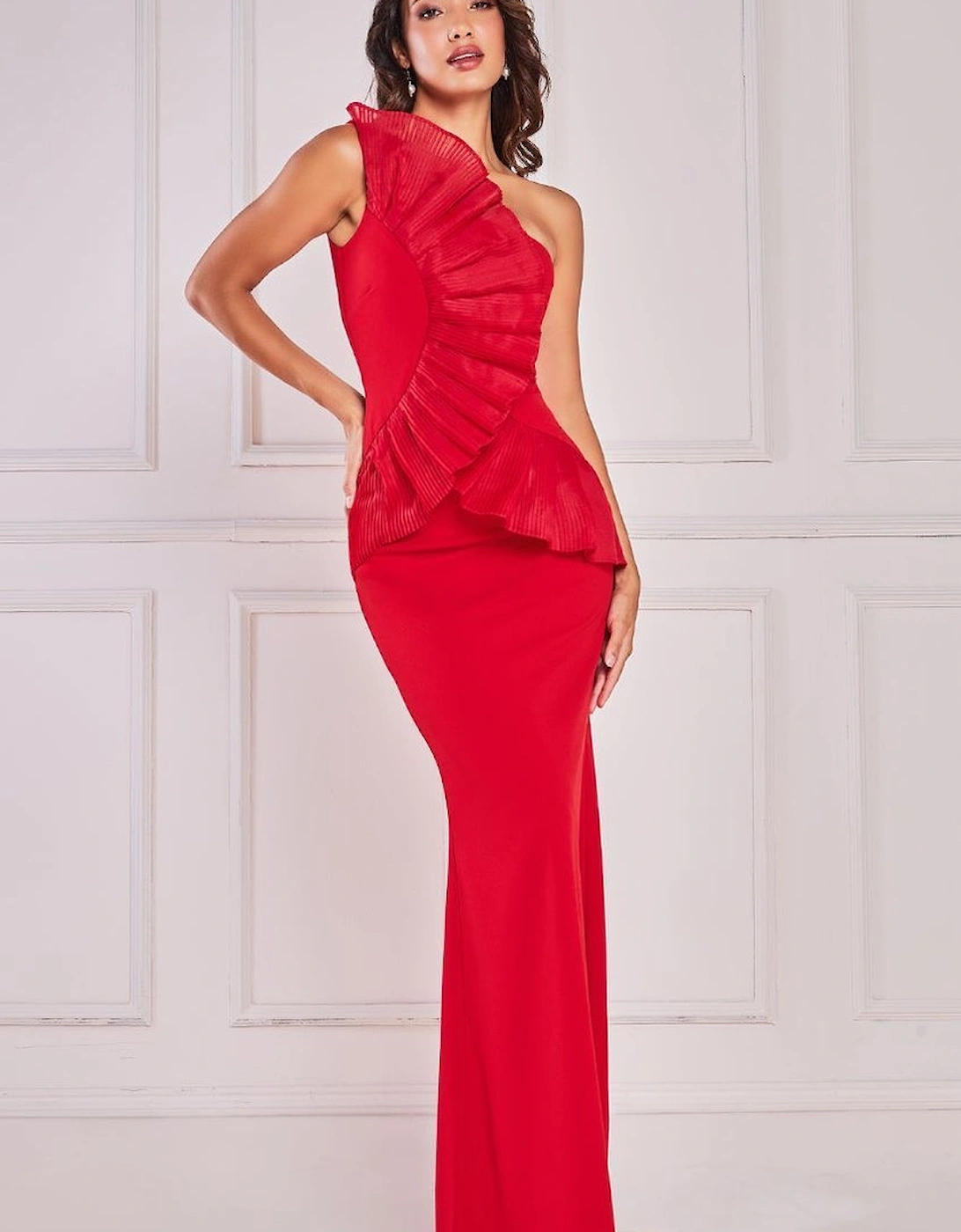 One Shoulder Pleated Fan Maxi Dress, 2 of 1