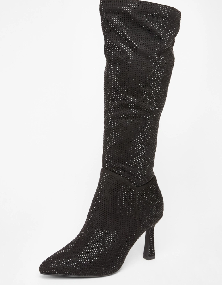 Black Diamante Knee High Boot