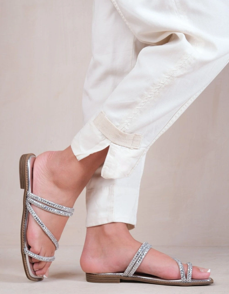 'Dream' Extra Wide Strappy Flat Slider Sandals With Diamante Detail