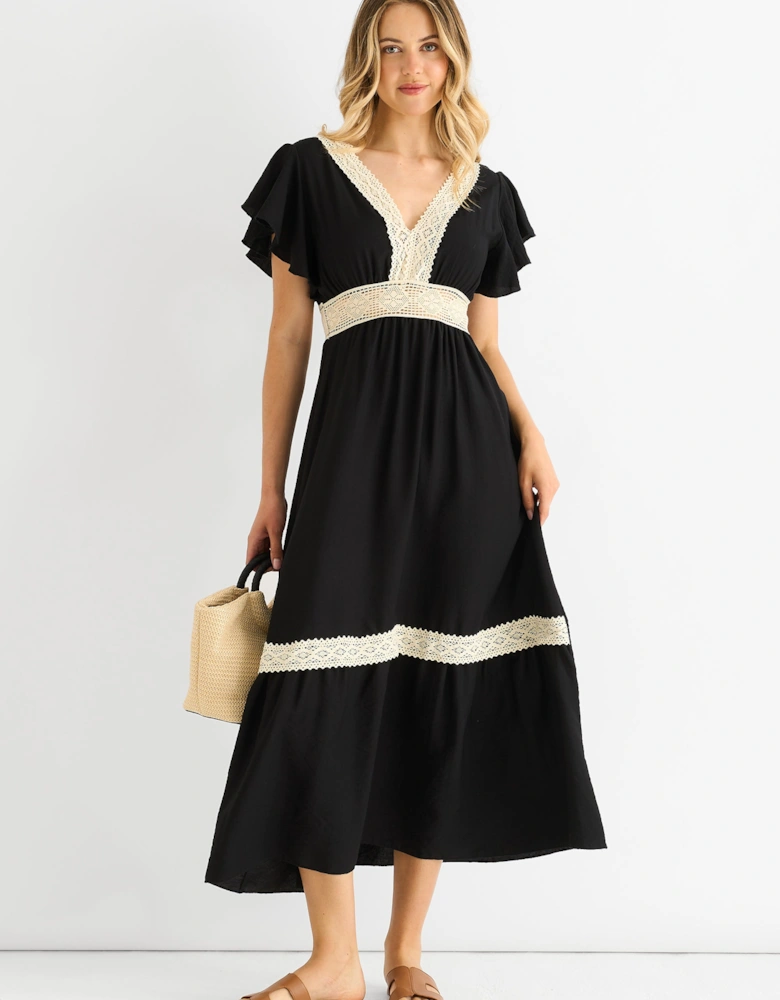 Black Crochet Lace Panel Elasticated Waist Midi Dress