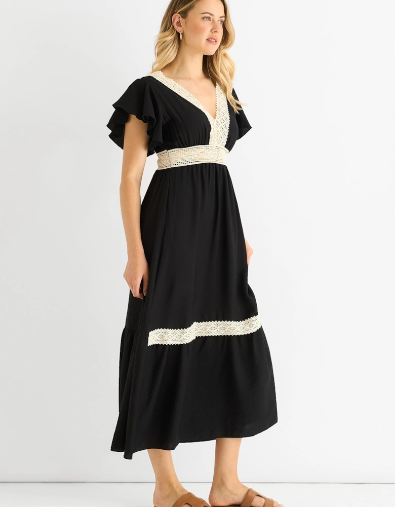 Black Crochet Lace Panel Elasticated Waist Midi Dress