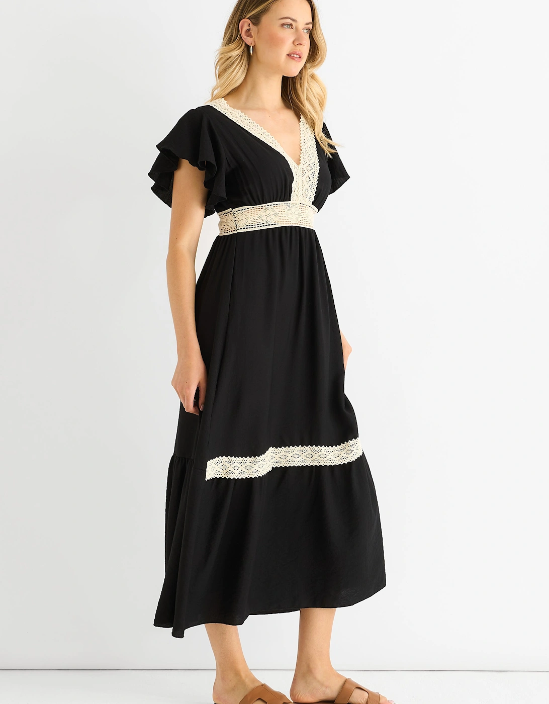 Black Crochet Lace Panel Elasticated Waist Midi Dress