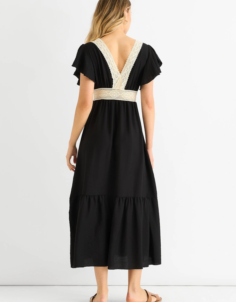 Black Crochet Lace Panel Elasticated Waist Midi Dress