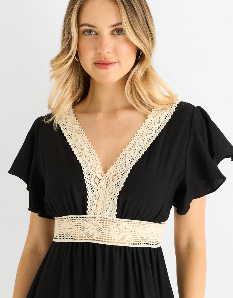 Black Crochet Lace Panel Elasticated Waist Midi Dress