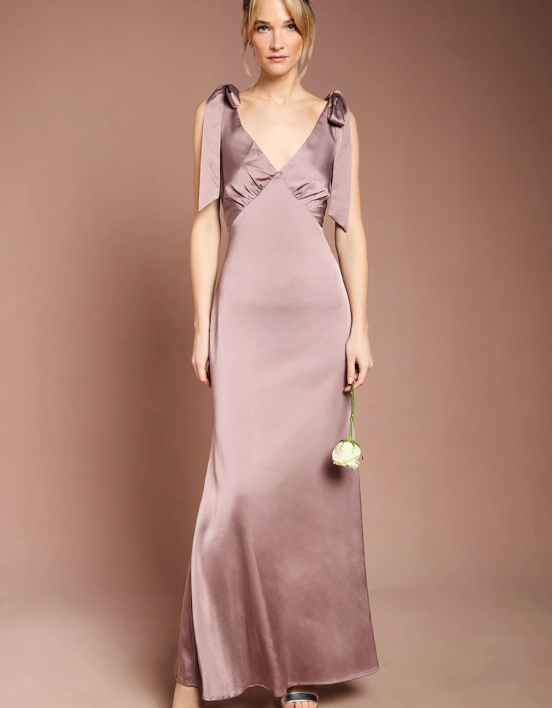 Honoured Petite Satin Back Crepe V Neck Tie Shoulder Maxi Bridesmaid Dress