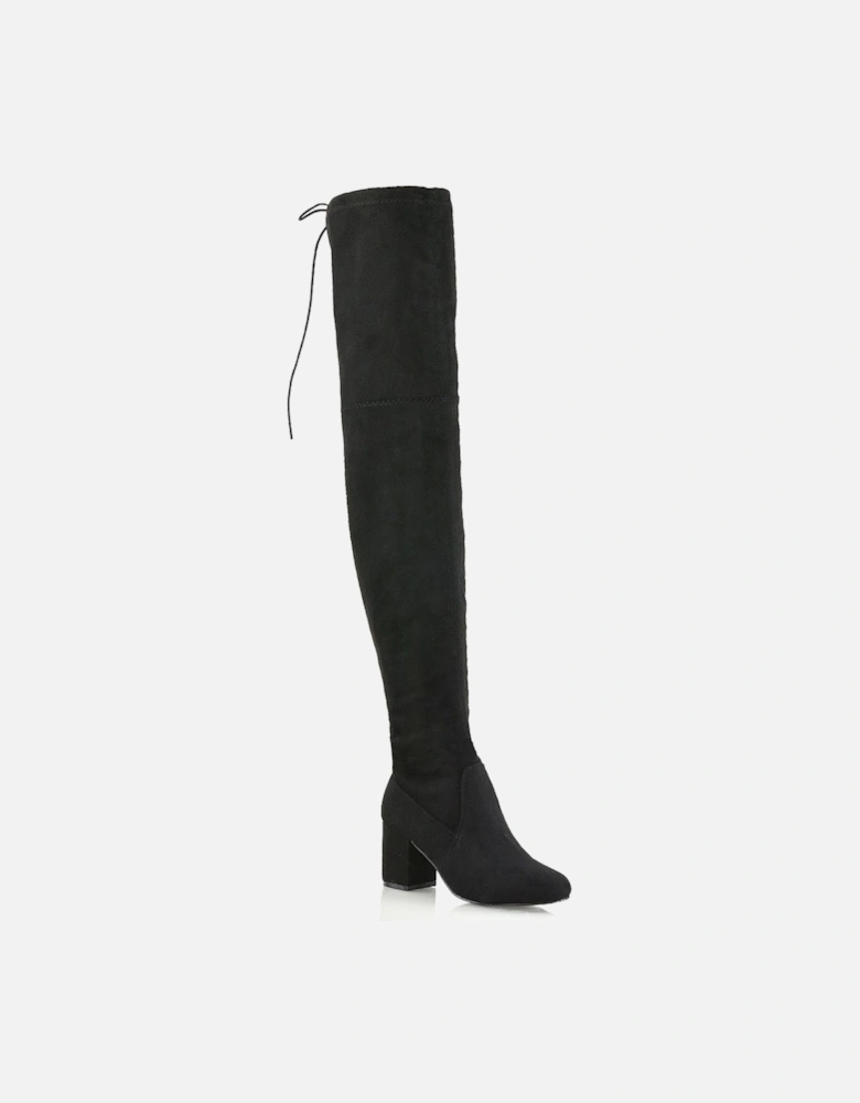 'Pixie' Black Over The Knee Boots Stretch Calf Mid Block Heel