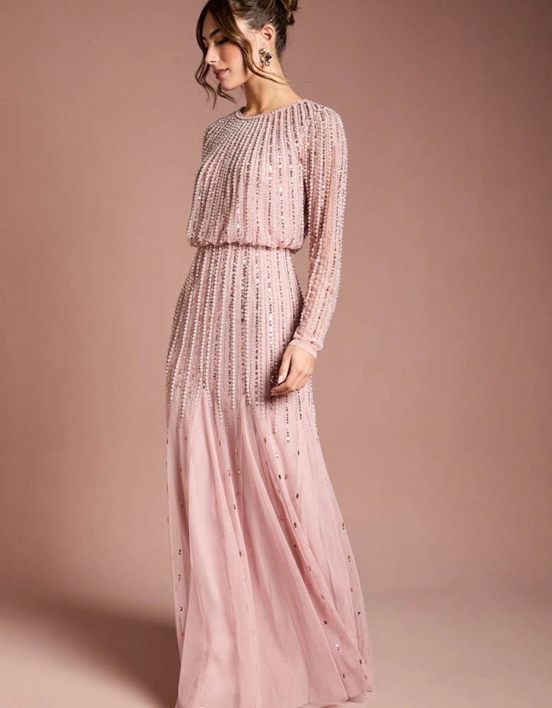 Linear Sequin Embellished Long Sleeve Maxi Dress