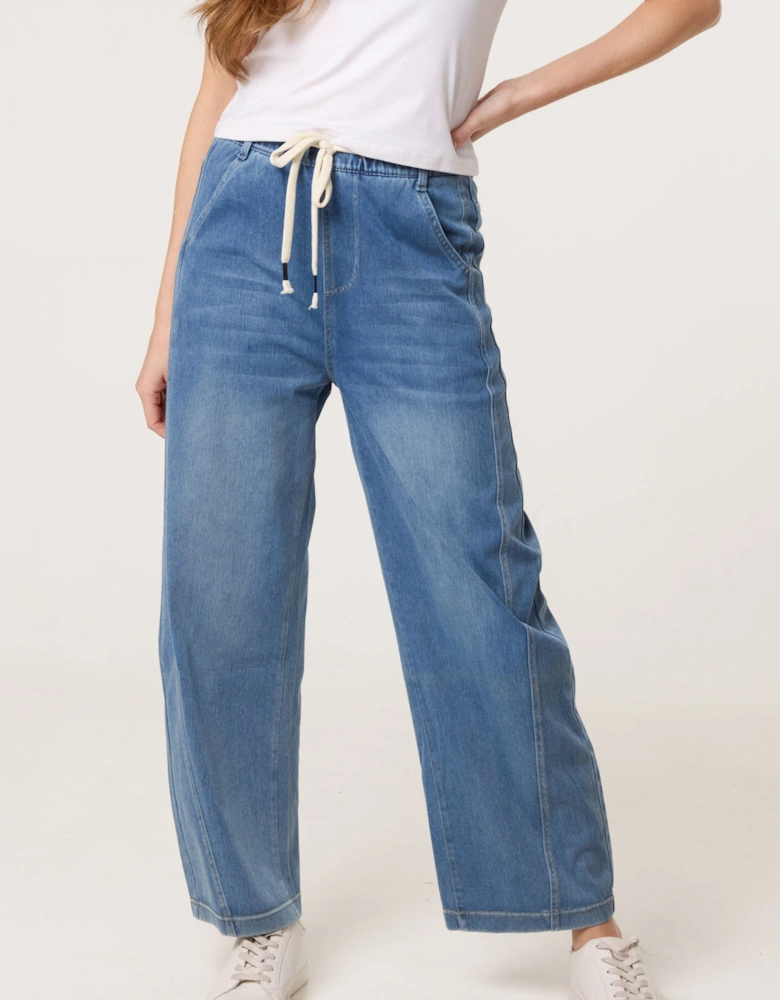 Blue Elastic Waist Seam Detail Jeans