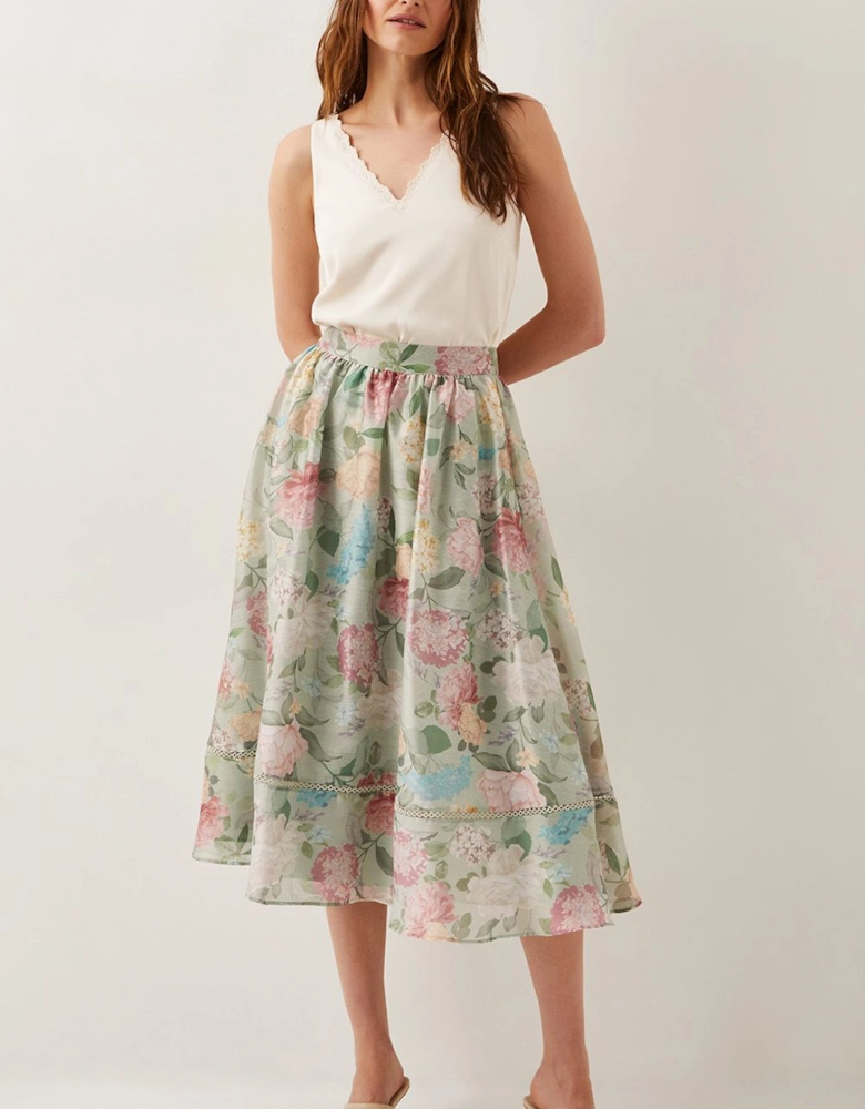 Agnes Floral Print Midi Skirt Green