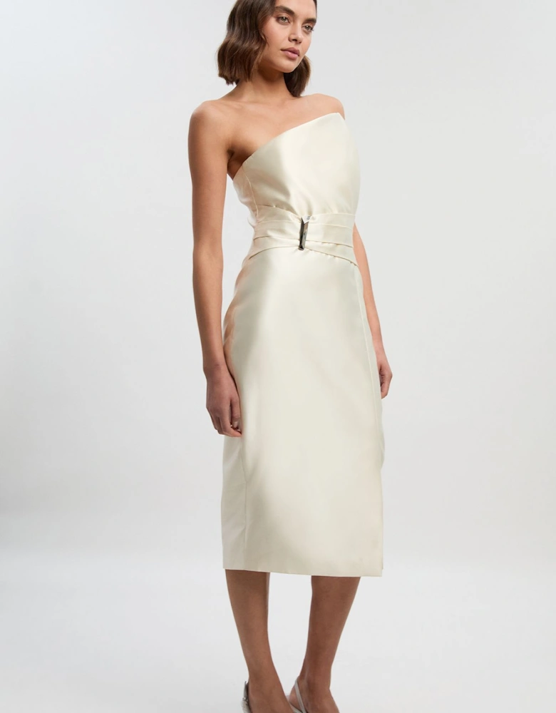 Satin Twill Trim Detail Structured Asymmetric Neck Tailored Midi Dress