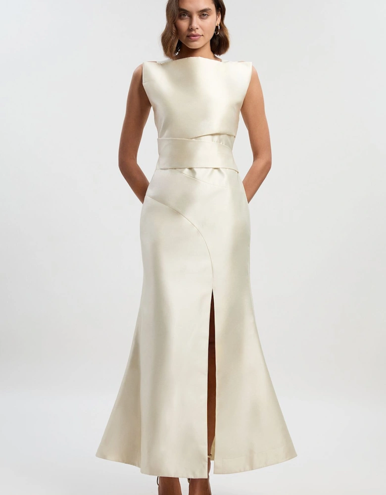Satin Twill Draped Waist Structured Tailored Maxi Dress